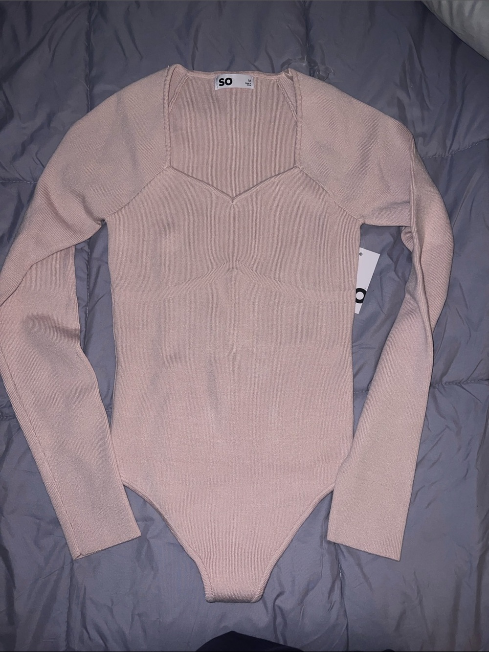 SO Blush Pink Long-Sleeve Square-Neck Ribbed Bodysuit